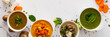 Mushroom and lentil cream soup, beans, carrot and tomato soup, broccoli and spinach soup on white background with cooking ingredients banner