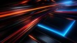 Abstract vector streaks with blue and red neon glow converging in a futuristic perspective. High-speed motion design element on dark background. Conceptual depiction of digital acceleration.
