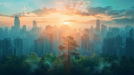 Wall Mural - Double exposure cityscape with green forest vegetation overlay