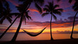 Un hamac tendu entre deux palmiers sur la plage au coucher du soleil sous les tropiques.