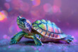 A lovable turtle with holographic pink and green shell on a glowing lavender background