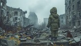 Fototapeta Na sufit - A lone young child in a green jacket standing amidst the demolished buildings in a conflict zone