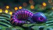 A whimsical critter with glowing purple stripes on a pixelated green backdrop