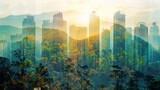 Green summer forest vegetation double exposure overlay with urban downtown cityscape