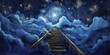 An otherworldly ascent on an ethereal escalator mirrors career growth under a midnight blue canopy of twinkling stars in a dreamy watercolor scene.