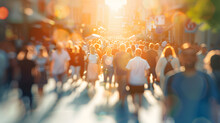 Crowd Of People On A Sunny Summer Street Blurred Abstract Background In Out-of-focus, Sun Glare Image Light