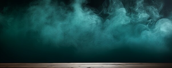 Wall Mural - teal background with a wooden table and smoke. Space for product presentation, studio shot, photorealistic