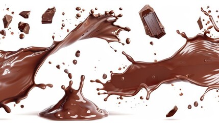 splashes of melted chocolate isolated on white background cut out elements for food design digital illustration