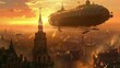 steampunk airship soaring over a victorian city at sunset digital art illustration
