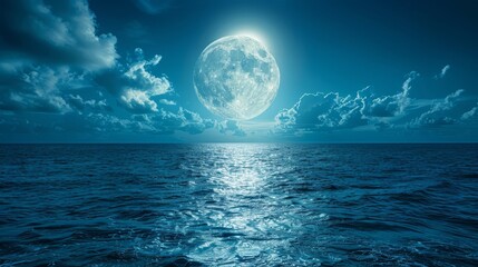 full moon over tranquil water, clouds scattering in blue-tinted sky
