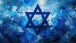 A dynamic digital artwork featuring a bold Star of David amidst a background of blue shattered glass effects