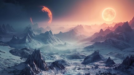 Poster - otherworldly alien planet landscape with glowing sun mountains and surreal rock formations science fiction concept art