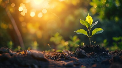 Wall Mural - panoramic view of small tree growing in golden sunrise light green world and earth day concept