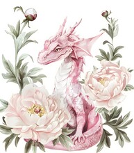 Pink Dragon With Peonies, Pastel Colors, Clipart White Background