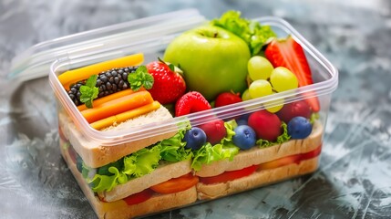 Wall Mural - healthy plastic school lunch box filled with a nutritious sandwich, colorful fruits, and fresh vegetables, showcasing a balanced and wholesome meal option for kids