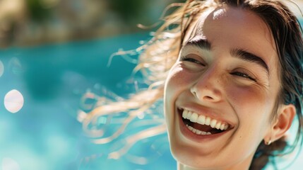 Radiant Young Woman Enjoying Sunshine by the Poolside