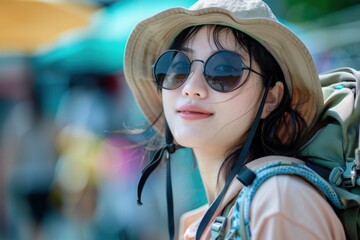 Wall Mural - Joyful young Asian tourist woman embarking on a holiday adventure with a backpack, adorned with a beach hat and sunglasses.