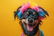 A playful image of a smiling black dog adorned with a bright, colorful feather boa against a striking yellow background, radiating joy and fun