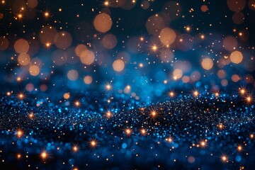 Poster - A captivating blend of golden bokeh lights scattered across a soothing blue background, for a luxurious feel