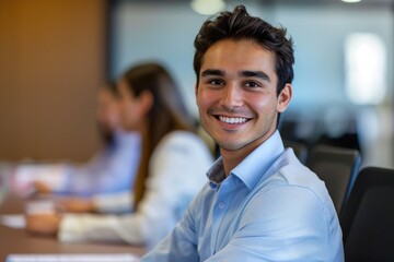 Poster - Smiling young doctor in seminar boardroom or educational class setting. Professionalism and expertise.