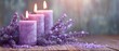 Close shot of lavender color candle with lavender flowers in backdrop with a big space for text or product advertisement, Generative AI.