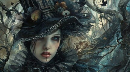 Wall Mural - Portrait of a beautiful witch in a black hat