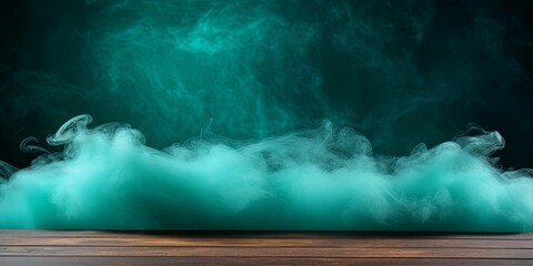 Wall Mural - turquoise background with a wooden table and smoke. Space for product presentation, studio shot, photorealistic