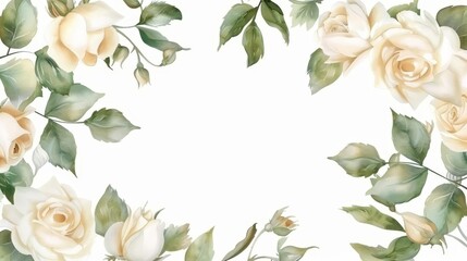 Wall Mural - seamless watercolor frame with delicate white cream roses and green leaves on white background illustration