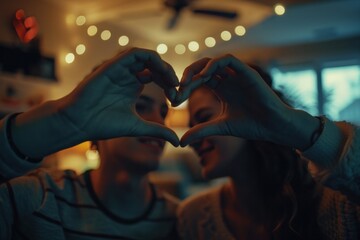 Wall Mural - Capture the essence of romantic gestures with a young couple creating a heart sign. Intimacy and warmth of Valentine's Day celebrations at home.