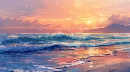 Wall Mural - serene ocean beach landscape with sandy shore gentle waves distant mountains and pastel sunset sky digital painting