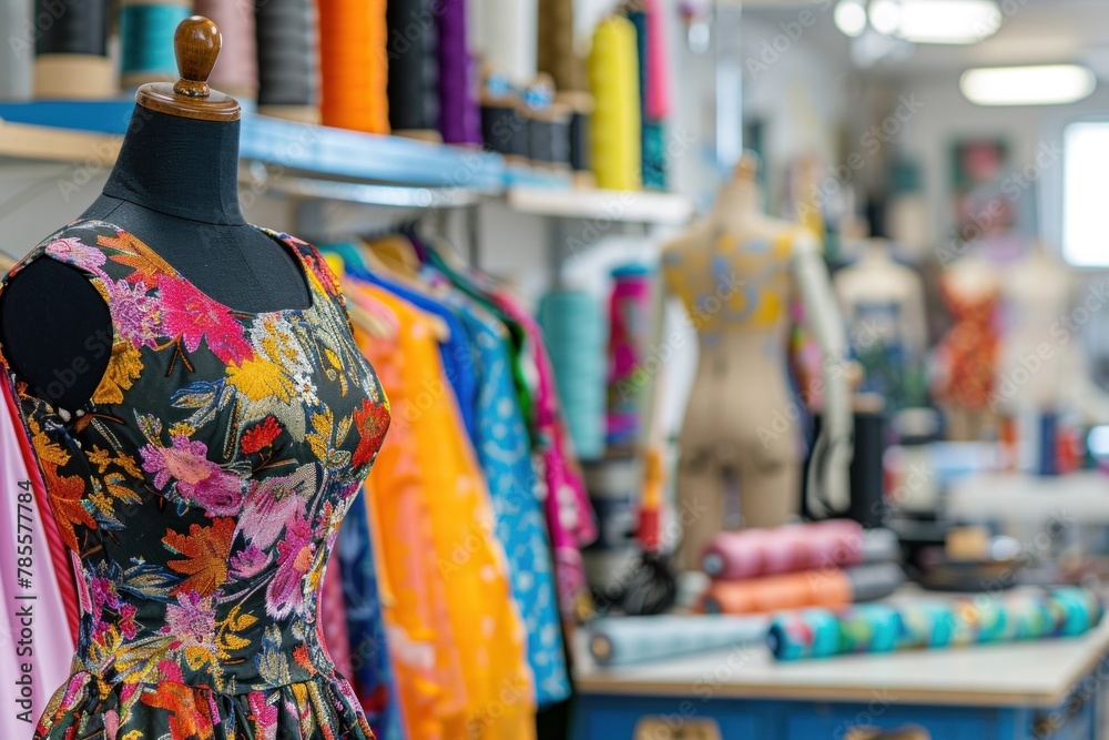 Fashion designer's studio filled with sewing items, fabrics, and ...