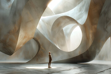 Wall Mural - one person stood in a large empty room with a statue behind it. the room was filled with light. give