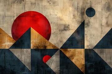 Poster - Bold red and black geometric shapes contrast against a distressed metallic background