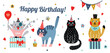 Сute cats is celebrating his birthday. Vector illustration. Poster.