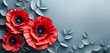 Banner with paper cut red poppy flower, symbol for remembrance, memorial, anzac day.