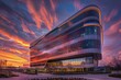 Modern corporate office building against a vibrant sunset, representing business success.