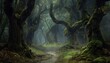 Mysterious dark forest with old trees and path, 3d render