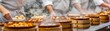 Chefs preparing dim sum in a kitchen with steam rising like clouds, bustling and aromatic, closeup