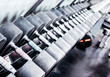 Rows of dumbbells in gym