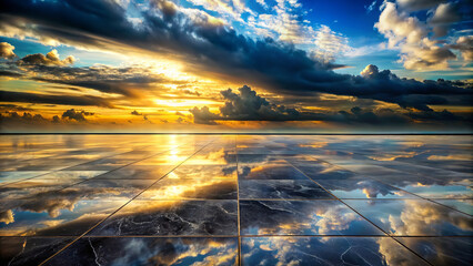 Wall Mural - A stunning sunset sky full of dynamic clouds is beautifully reflected in the polished, mirror-like surface below. The horizon is illuminated by the golden glow of the setting sun.AI generated.