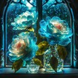 Three camellias, blue and white, on beautiful lace Mr./Ms.'s flowers made of transparent glass Enchanted glitter Transparent peridot stems, leaves and buds Passion Rain window Antique furniture,8k