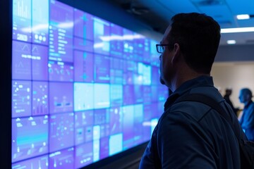 App demo near shoulder of a man in front of a interactive digital board with a fully blue screen