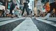 Pedestrians crossing marked crosswalk in urban landscape, symbolizing commitment to safety.