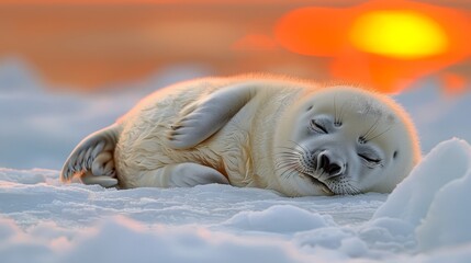 Sticker -   A white seal reclining in the snow, eyes shut, head on side