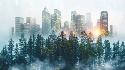 Wall Mural - Green forest overlay landscape on downtown green city double exposure cityscape