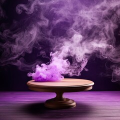Wall Mural - violet background with a wooden table and smoke. Space for product presentation, studio shot