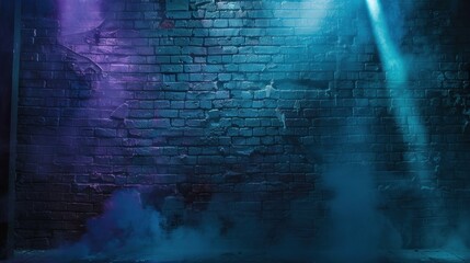 Wall Mural - Weathered brick wall with laser beams and neon lights, adding depth to empty studio scene.
