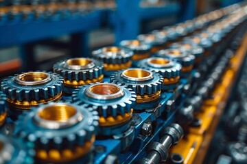 Poster - High precision machine gears lined up in a modern manufacturing facility representing industry and technology