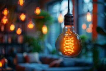 Poster - A warm incandescent light bulb is suspended with a backdrop of green houseplant foliage offering a cozy ambiance
