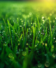 Wall Mural - Fresh green grass with dew drops in the early morning